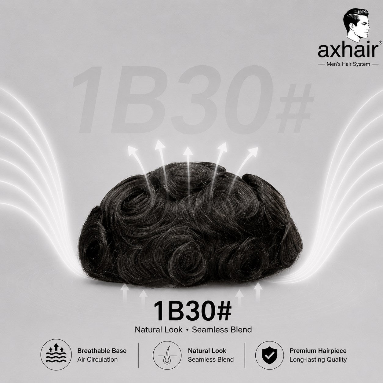 Men's full toupee with 1B30 dark wavy hair, thin skin base, single knots